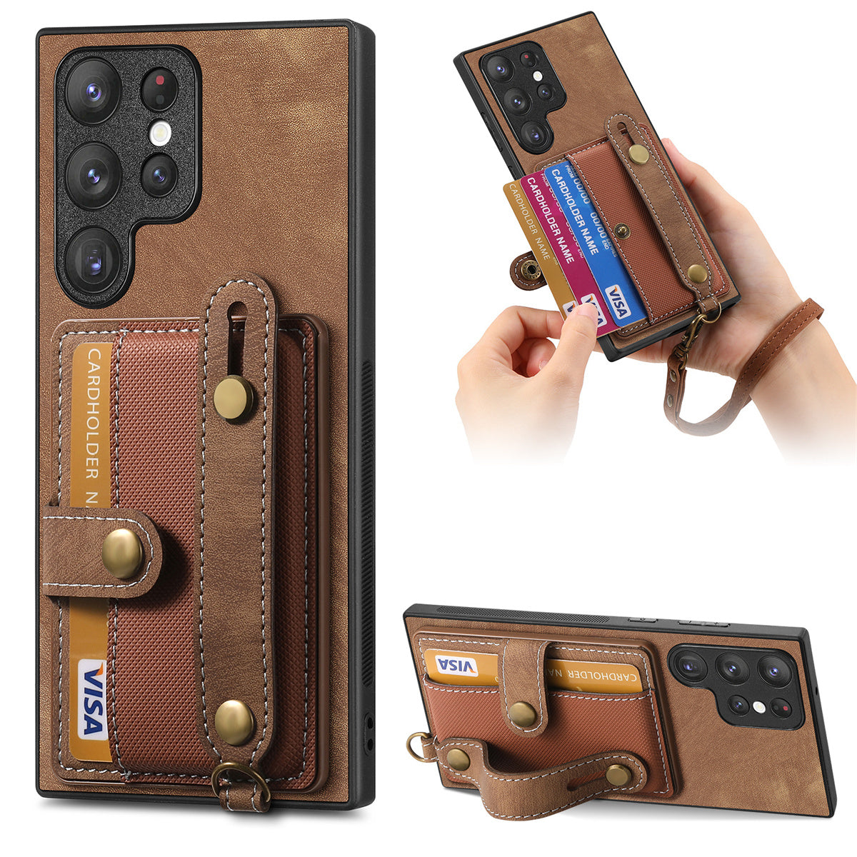 D9 For Samsung Galaxy S23 Ultra Case Card Holder Retro Leather Coated PC+TPU Wristband Phone Cover D9 For Samsung Galaxy S23 Ultra Case Card Holder Retro Leather Coated PC+TPU Wristband Phone Cover